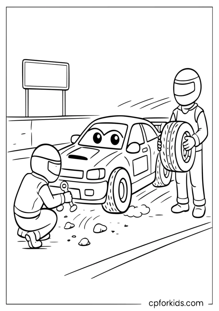 Race car pit stop with a tire change, two mechanics, a blank pit sign board, and a simple pit lane wall