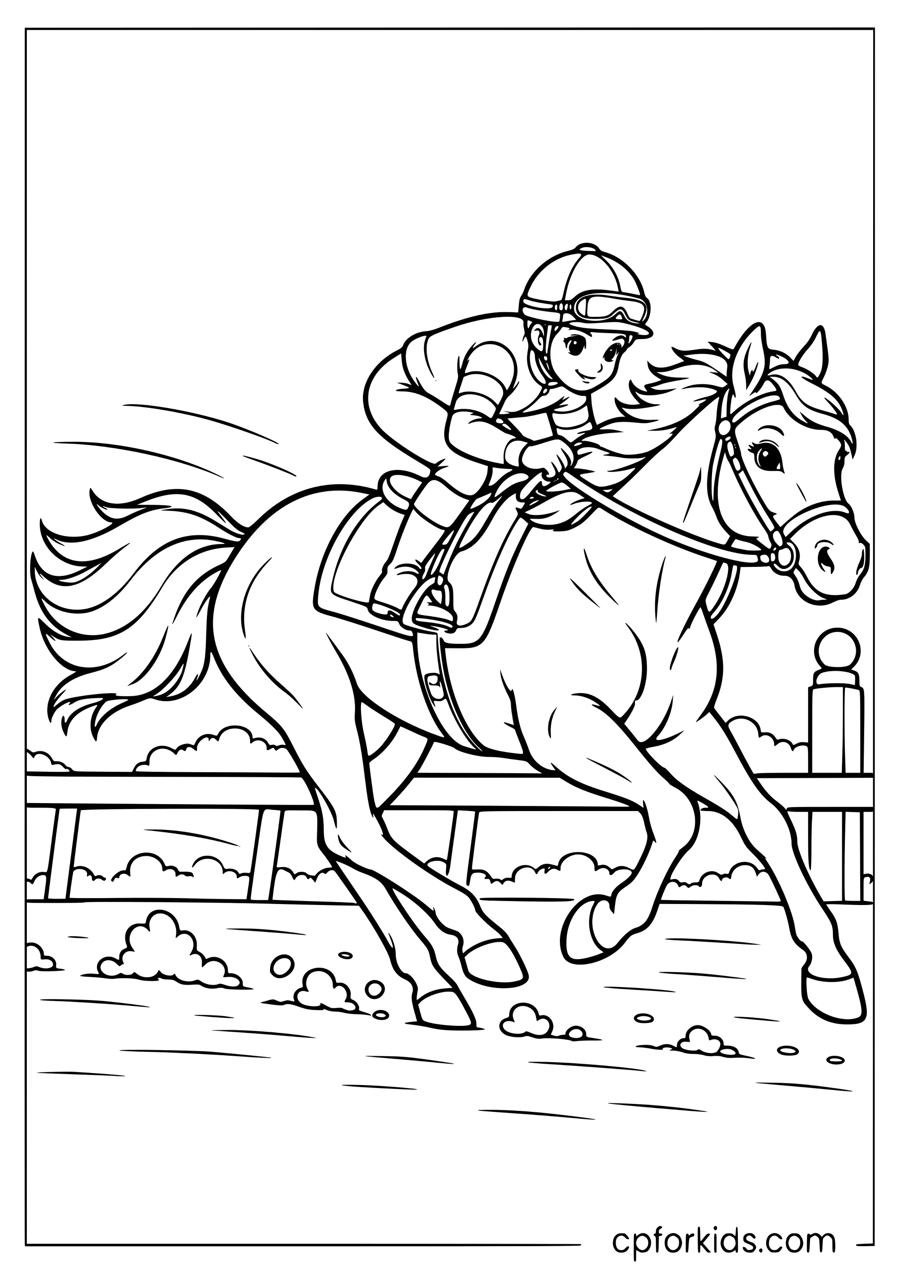 Jockey riding racehorse past racetrack rail