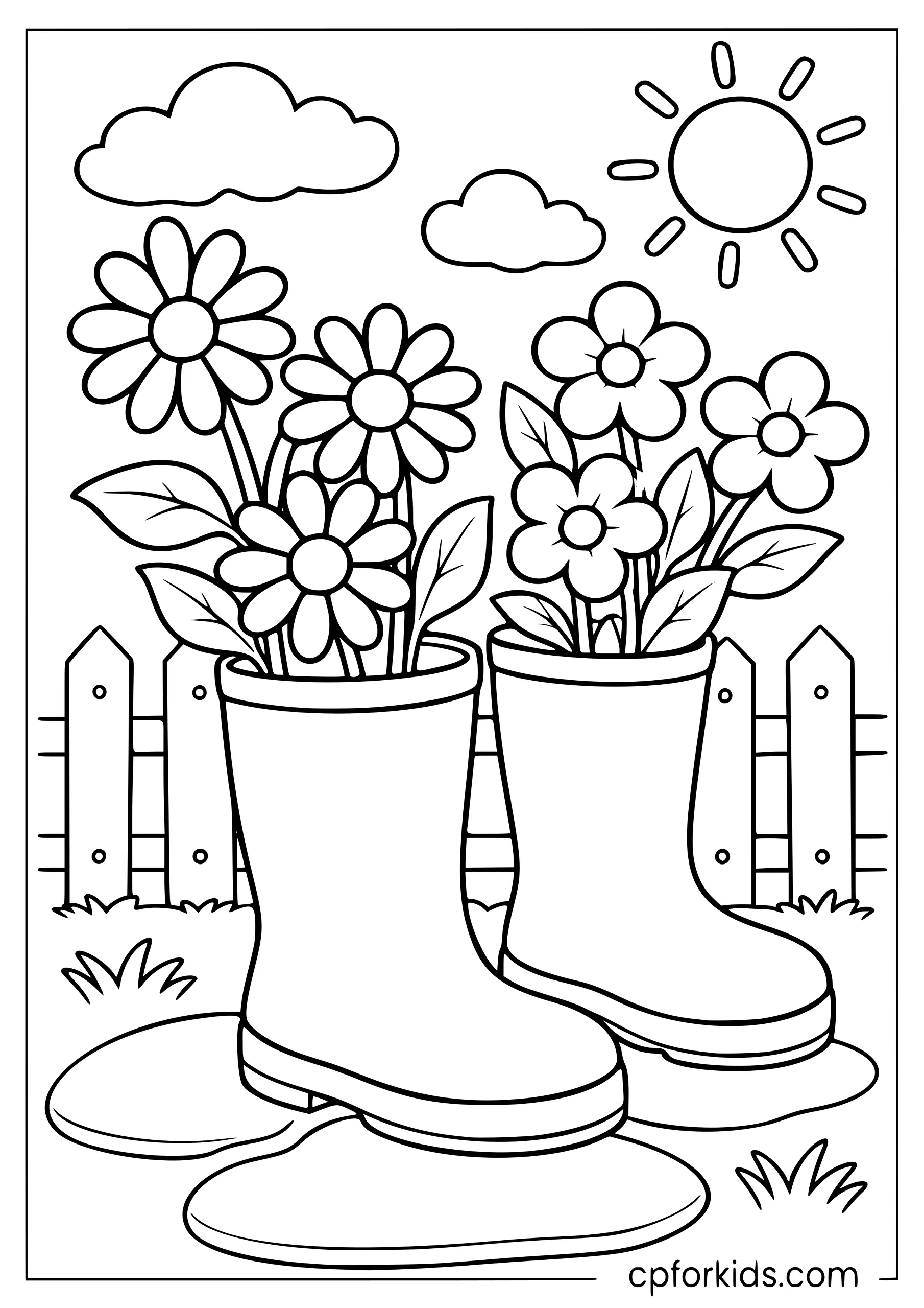 Flower-filled rain boots on a garden path