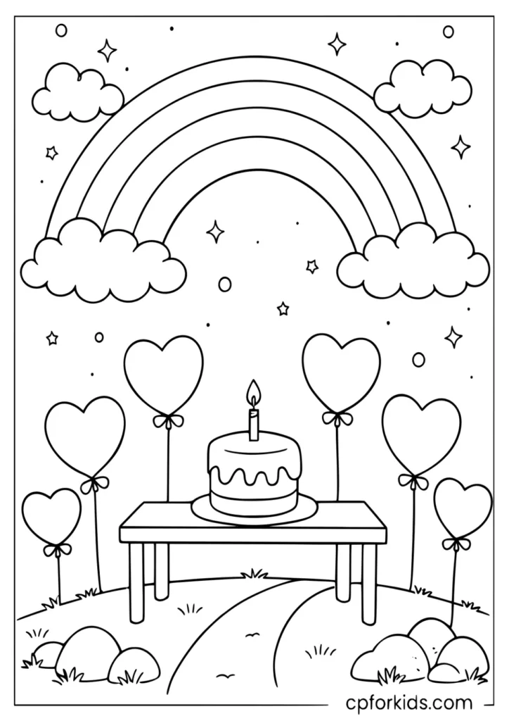 Rainbow birthday balloons and cake coloring page