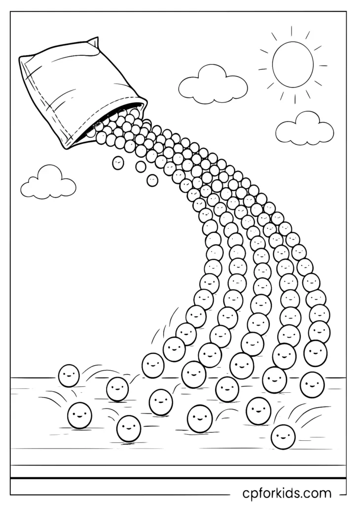 Round fruit candies pouring into a rainbow arc for creative coloring