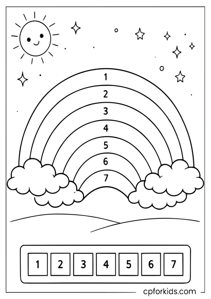 Rainbow color by number worksheet 1-7