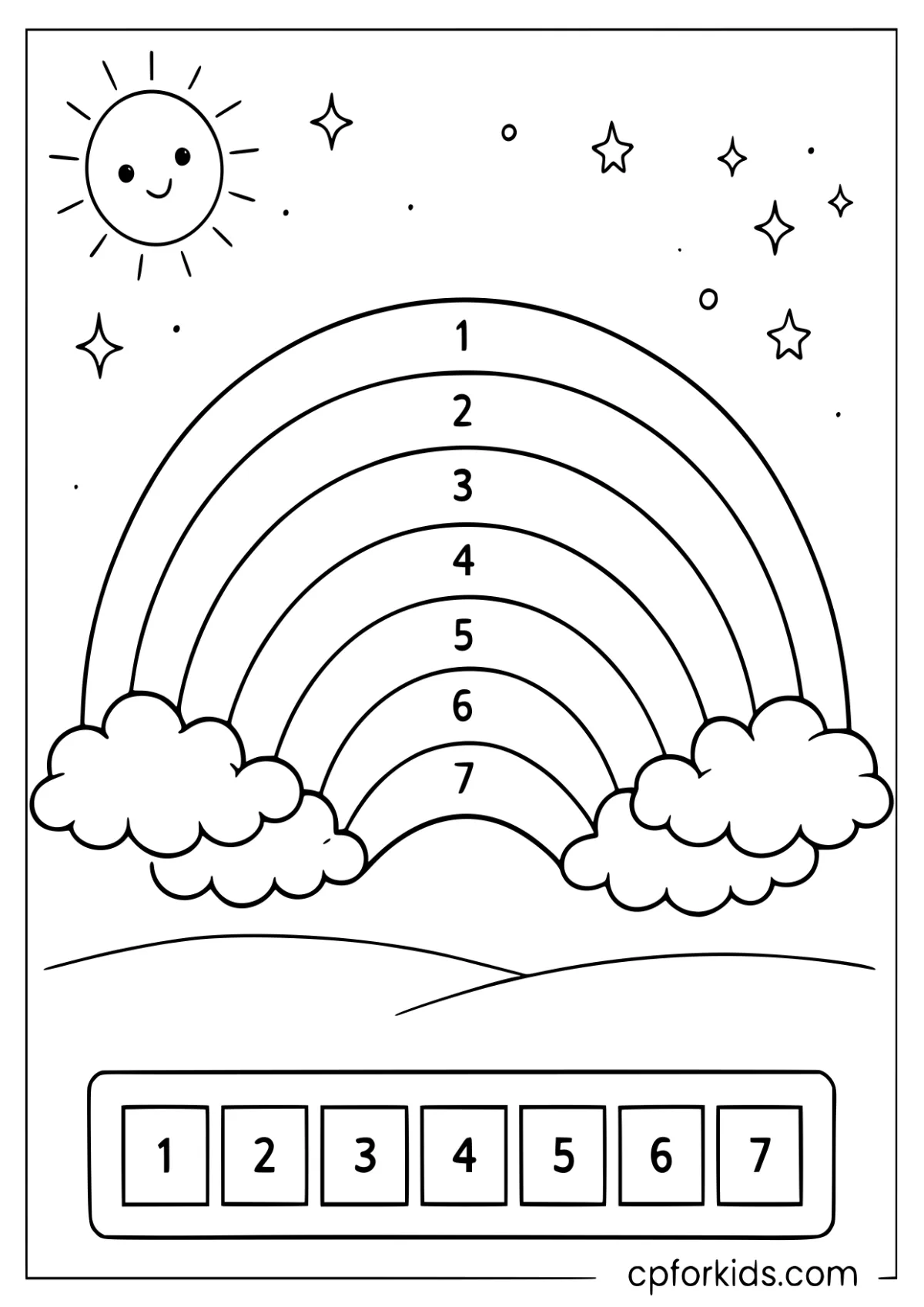 Rainbow color-by-number worksheet, numbers 1-7