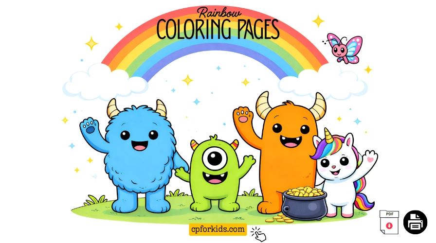 Rainbow Coloring Pages (PDF) Featured rainbow coloring page cover with a unicorn, butterfly, cute monsters, and a pot of gold