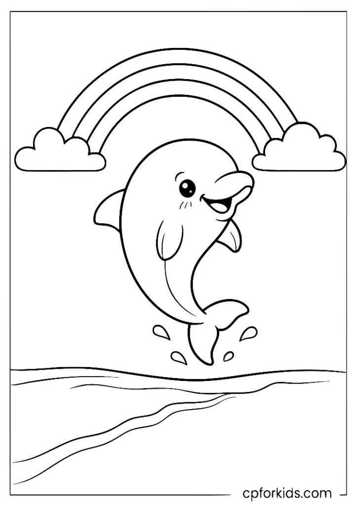 Dolphin jumping under a rainbow and clouds