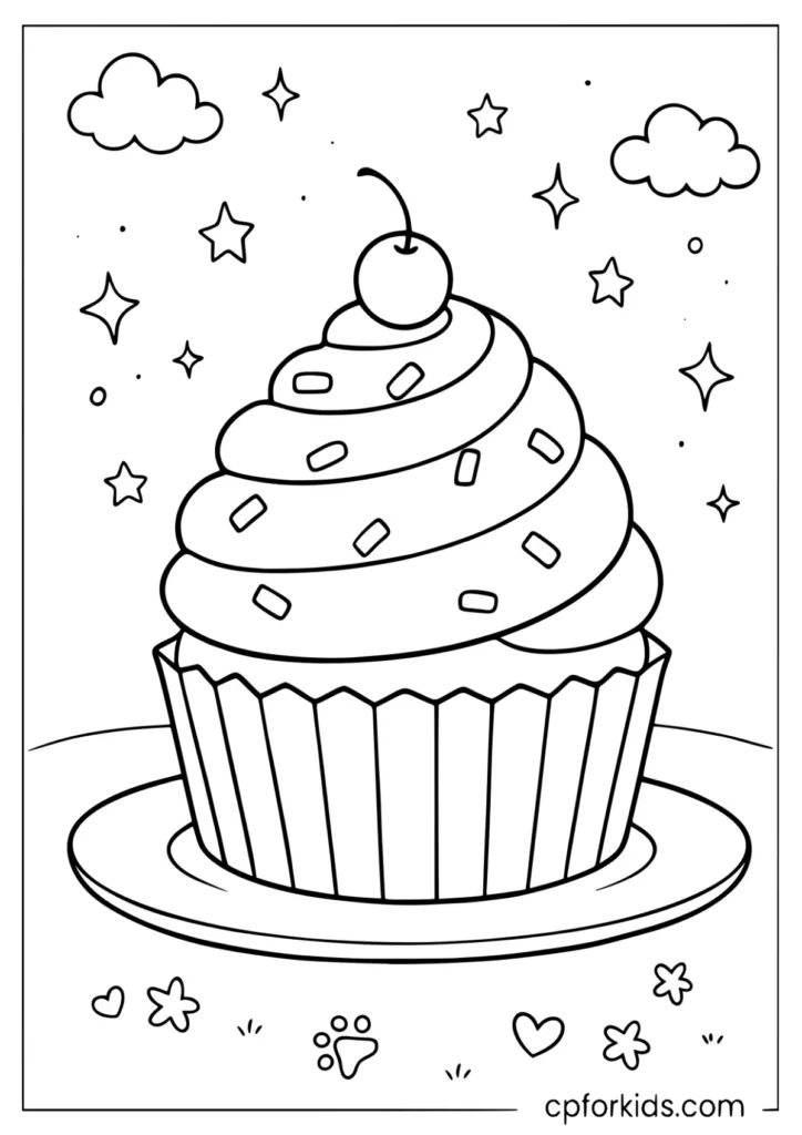 Rainbow frosting cupcake with sprinkles coloring page
