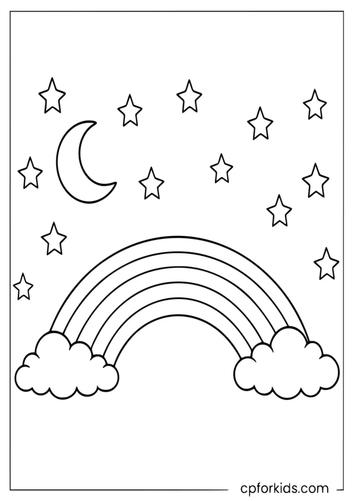 Rainbow night sky with moon and stars coloring page