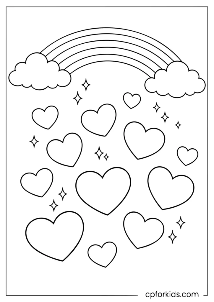Rainbow with floating hearts coloring page