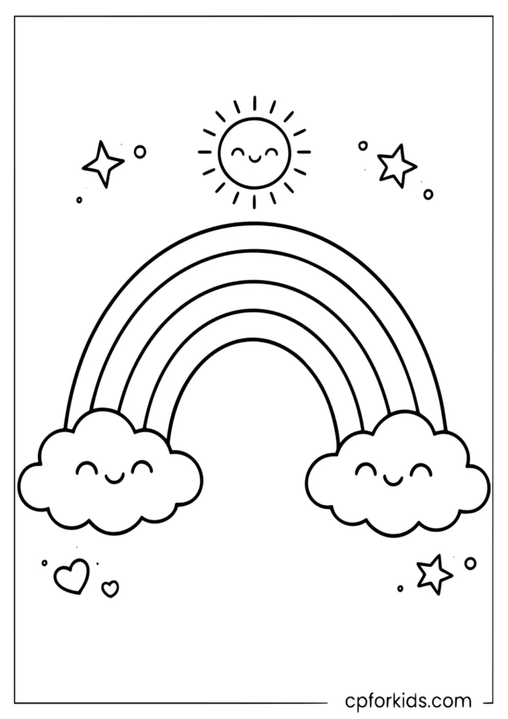 Rainbow with two fluffy clouds coloring page for preschoolers