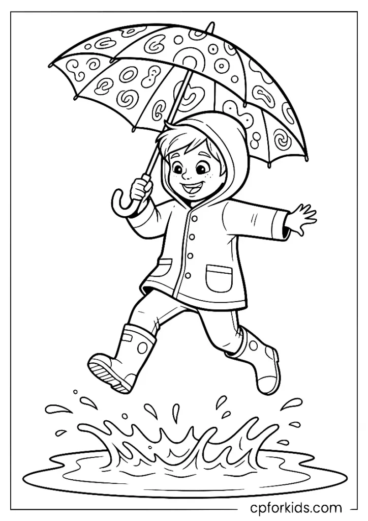 A child wearing rain boots jumping into a puddle on a rainy September day.