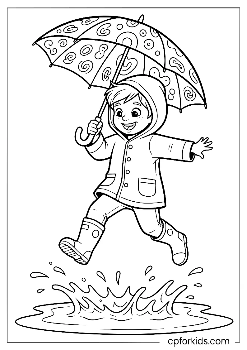 Child in rain boots jumping into a puddle