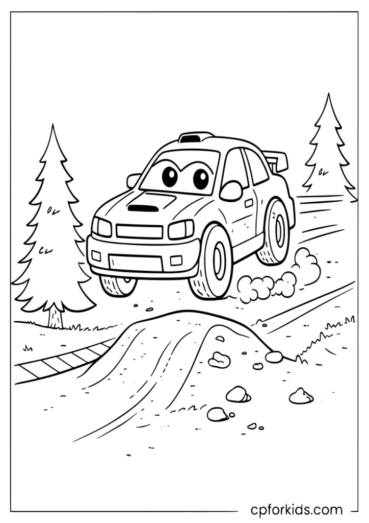 Rally car jumping over a dirt bump with dust clouds, trees, and motion lines coloring page