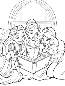 Rapunzel, Belle, and Jasmine looking at a storybook together