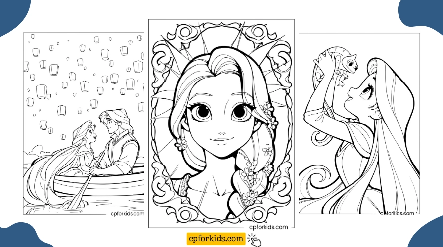 Free printable Rapunzel coloring pages — lantern boat scene, Rapunzel portrait, and Rapunzel with Pascal