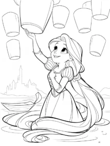 Rapunzel watching floating lanterns beside a boat
