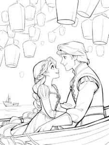 Rapunzel and Flynn watching lanterns from a boat
