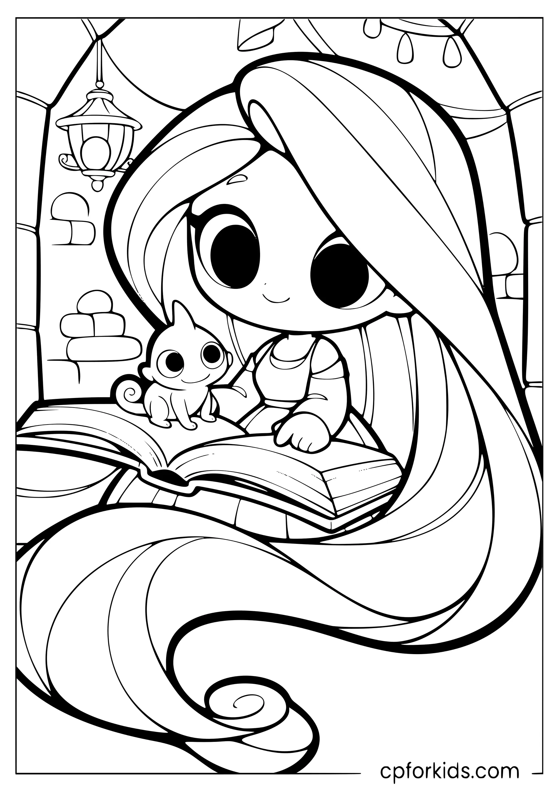 Rapunzel and Pascal Reading Together