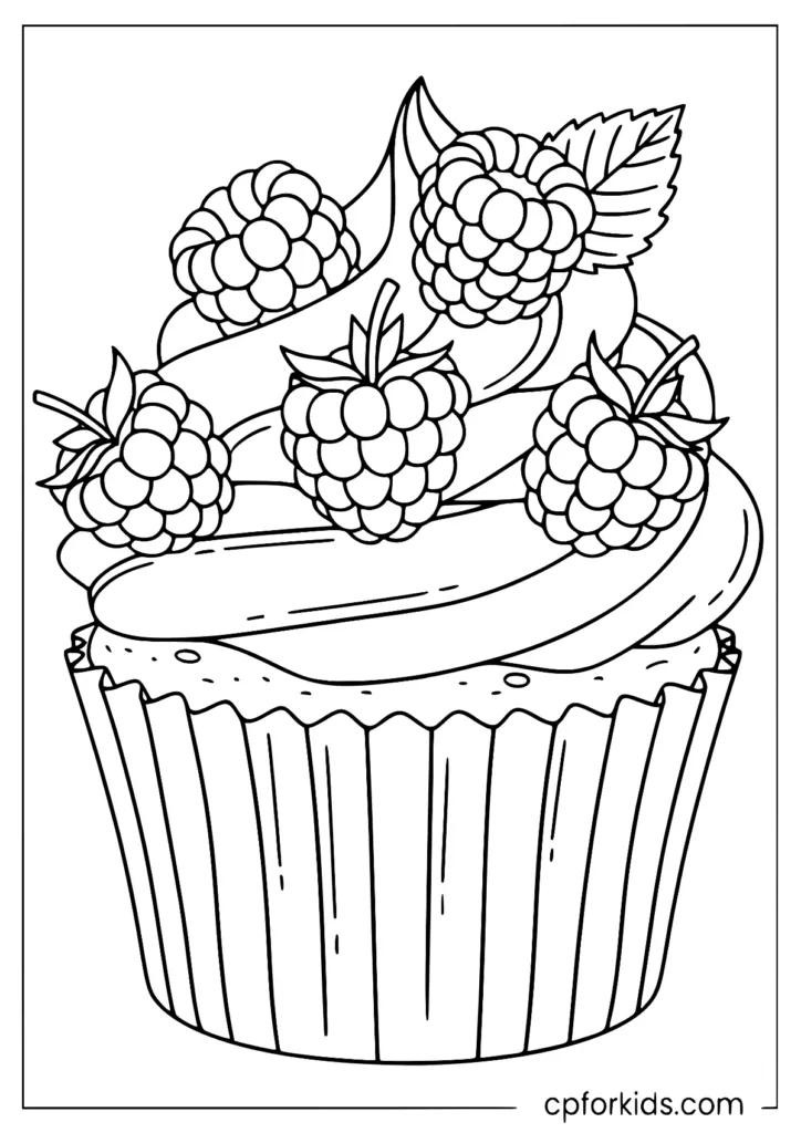 Raspberry cupcake coloring page with berries scattered across the icing