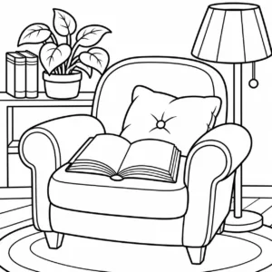Armchair with an open book beside a floor lamp
