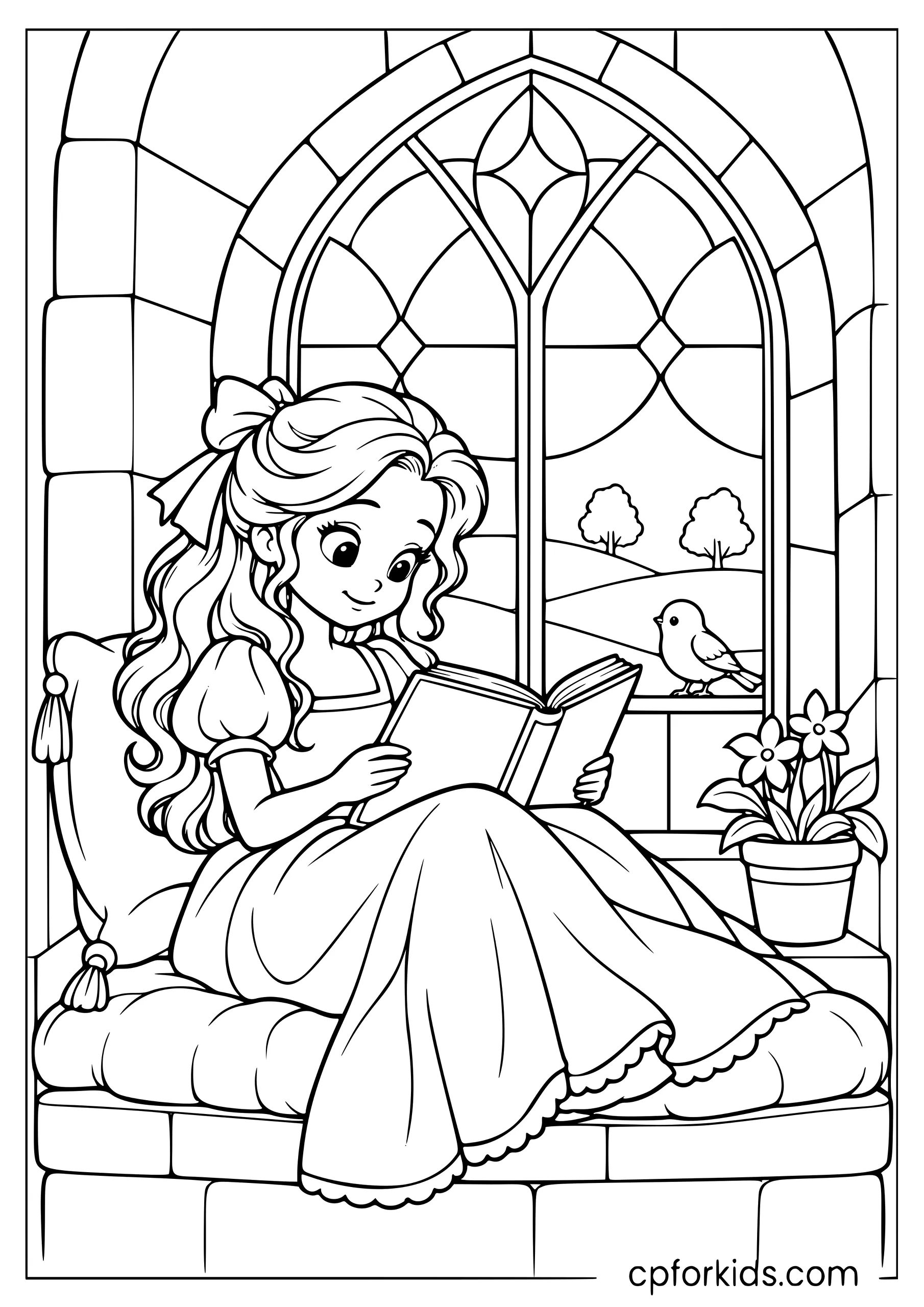 Princess reading beside a stained-glass castle window