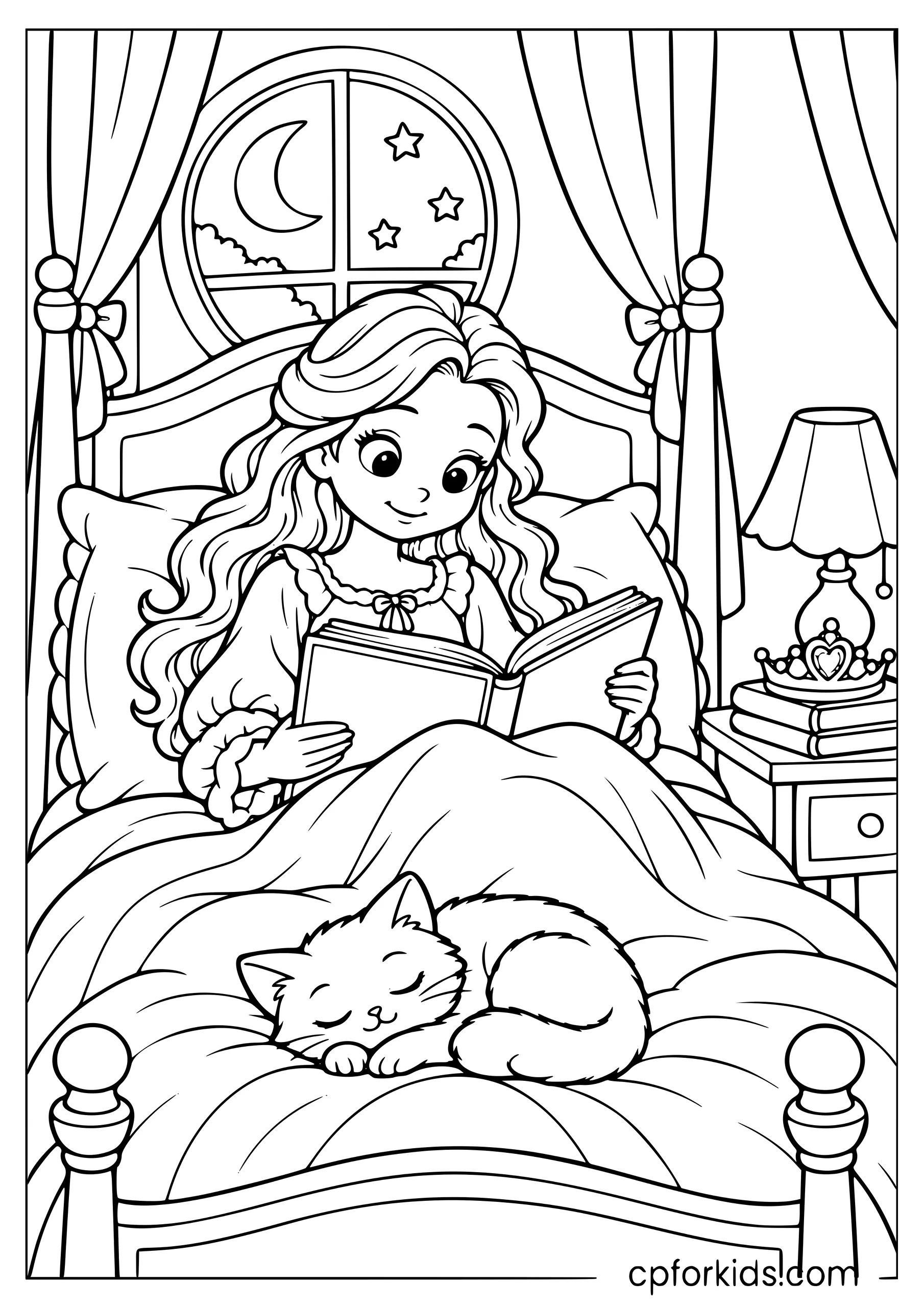 Princess reading a book while tucked in bed