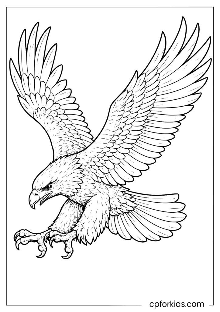 Realistic American eagle hunting coloring page with action pose