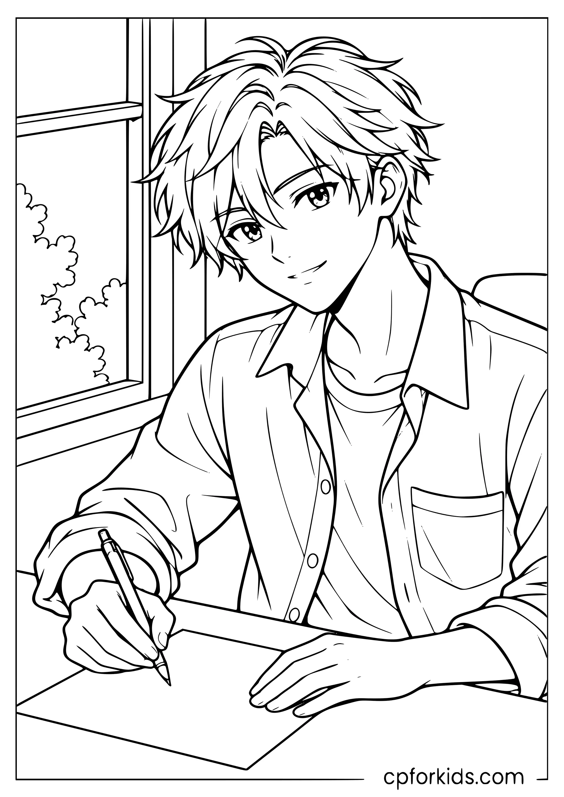Natural-proportioned anime boy writing a letter at a desk