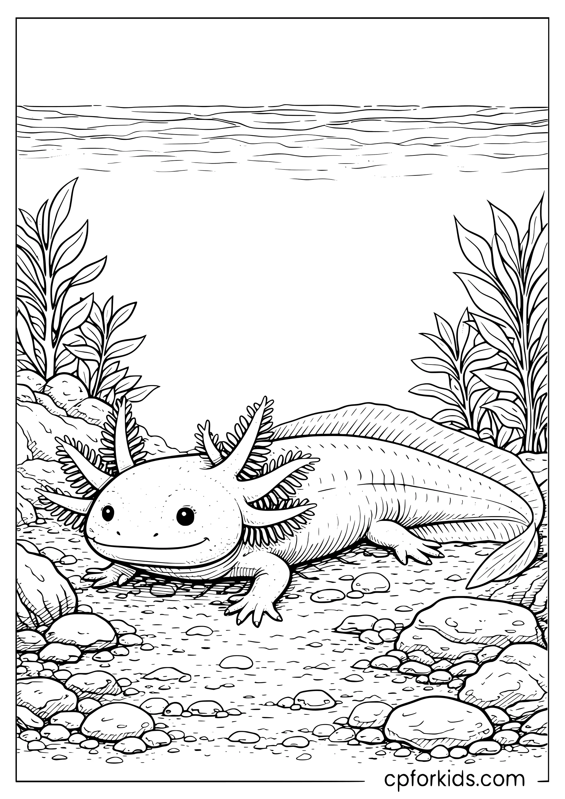 Realistic Axolotl Resting on a Lakebed