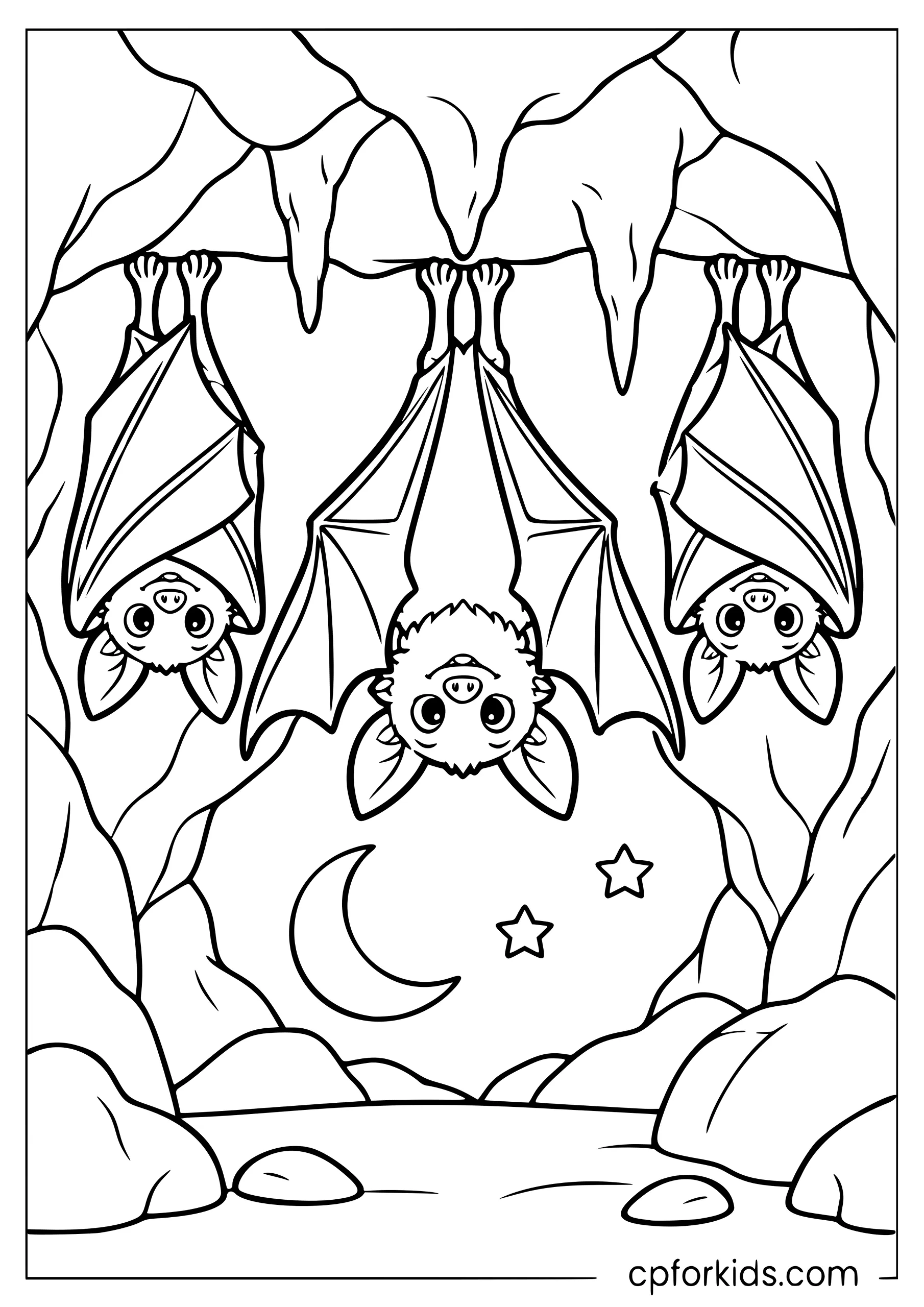 Three bats hanging upside down inside cave entrance