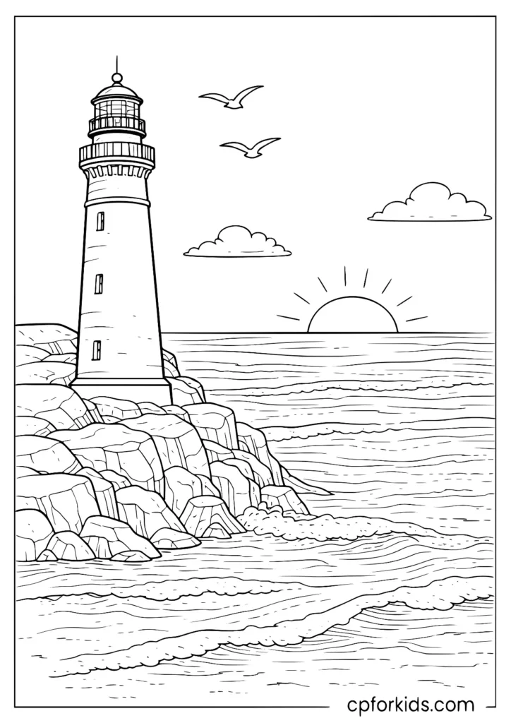 Realistic lighthouse on rocky coast coloring page