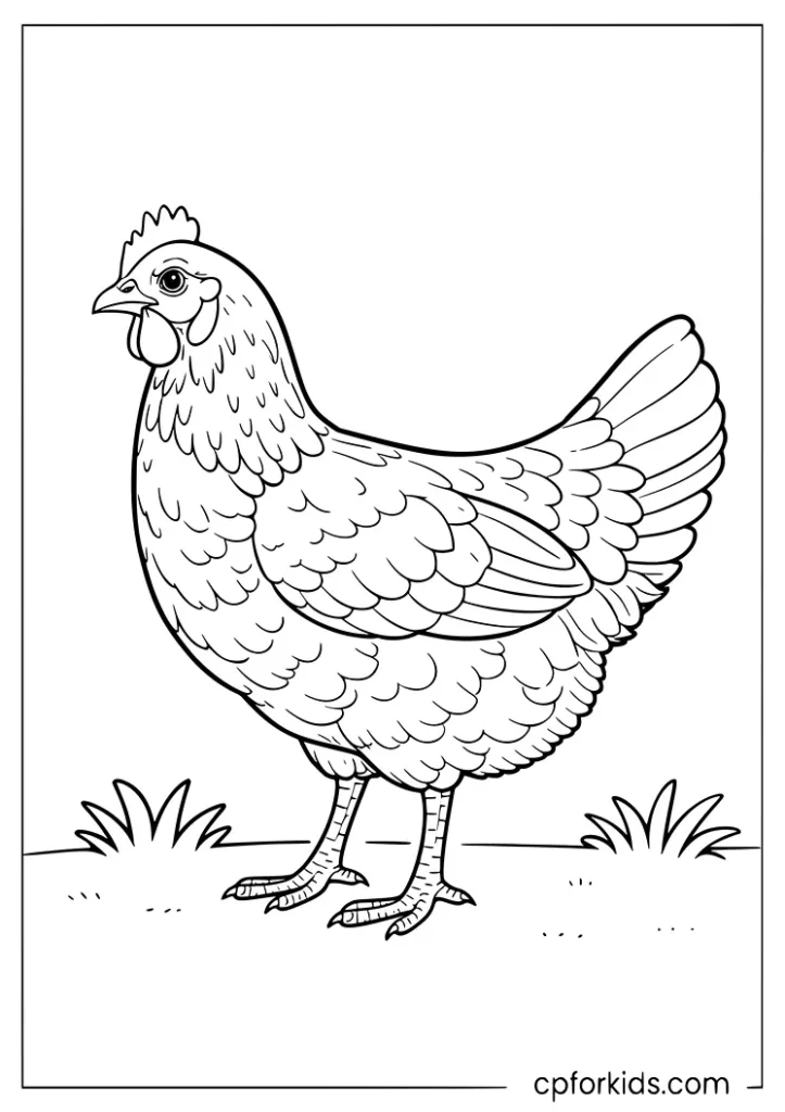 Realistic chicken standing on the farm ground coloring page
