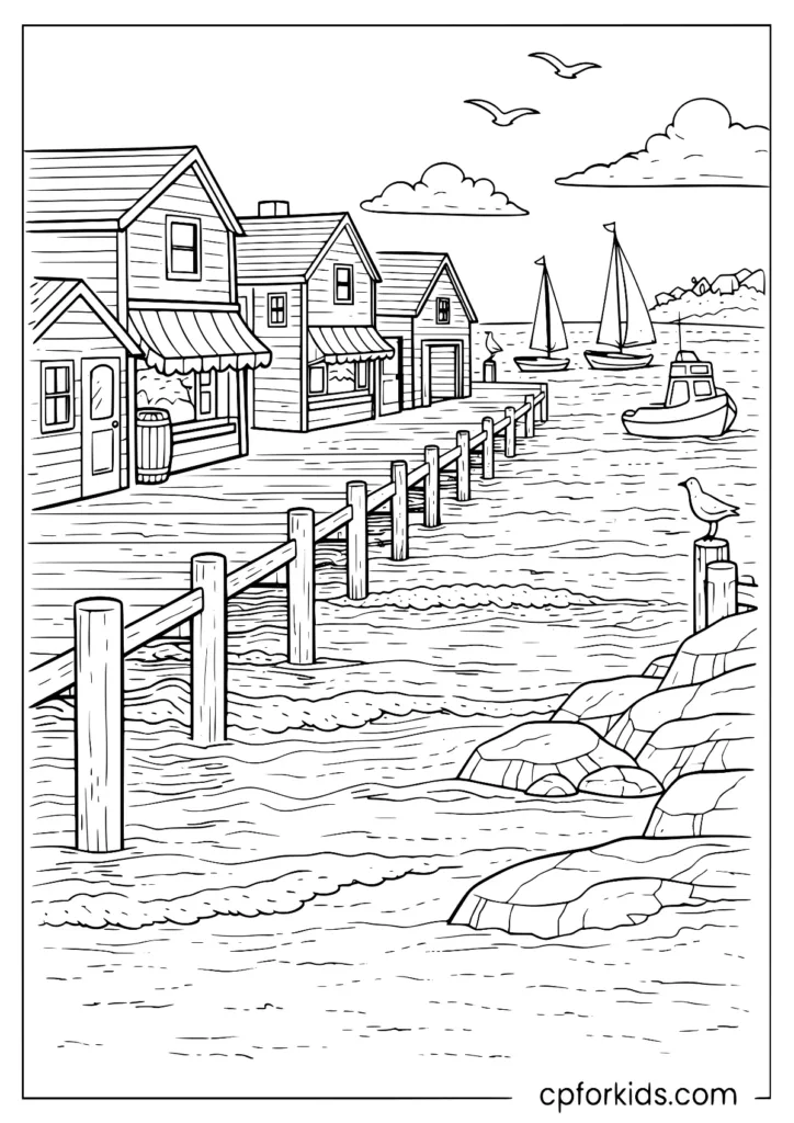 Coastal village boardwalk beach scene coloring page