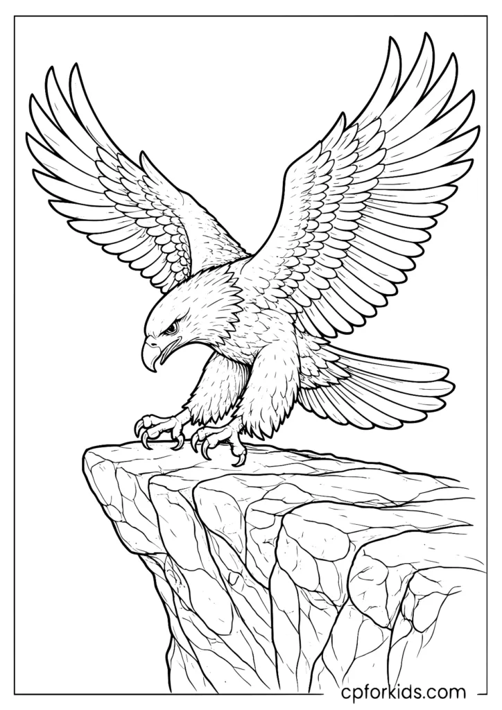 Realistic eagle landing on a cliff coloring sheet with dramatic pose.