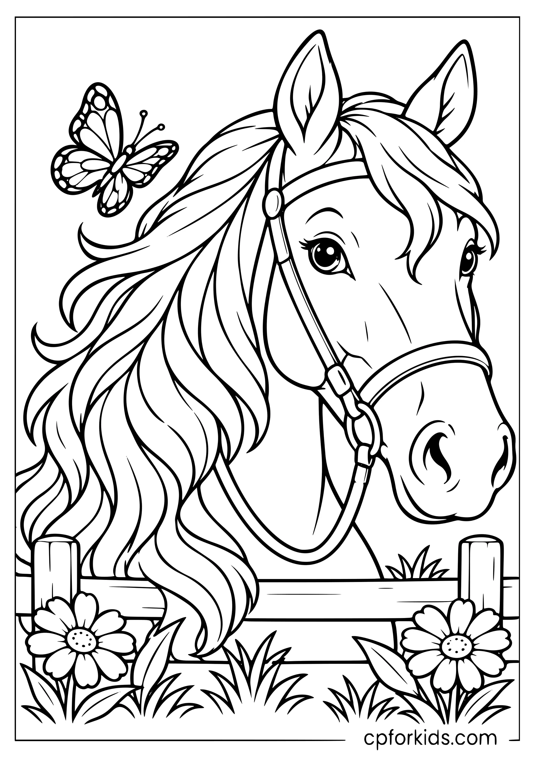 Realistic horse head with flowing mane and bridle