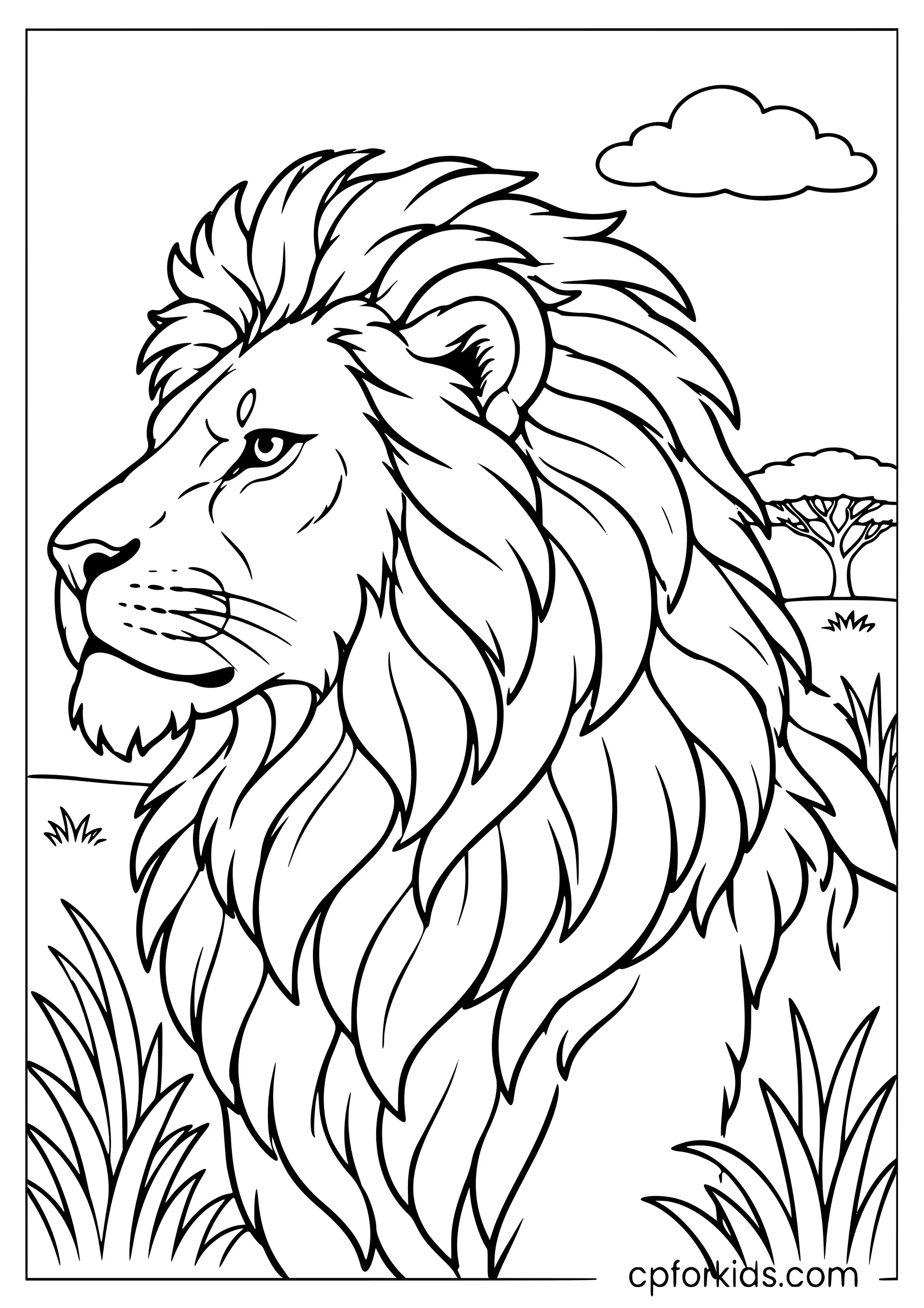 Realistic side profile of lion with flowing mane
