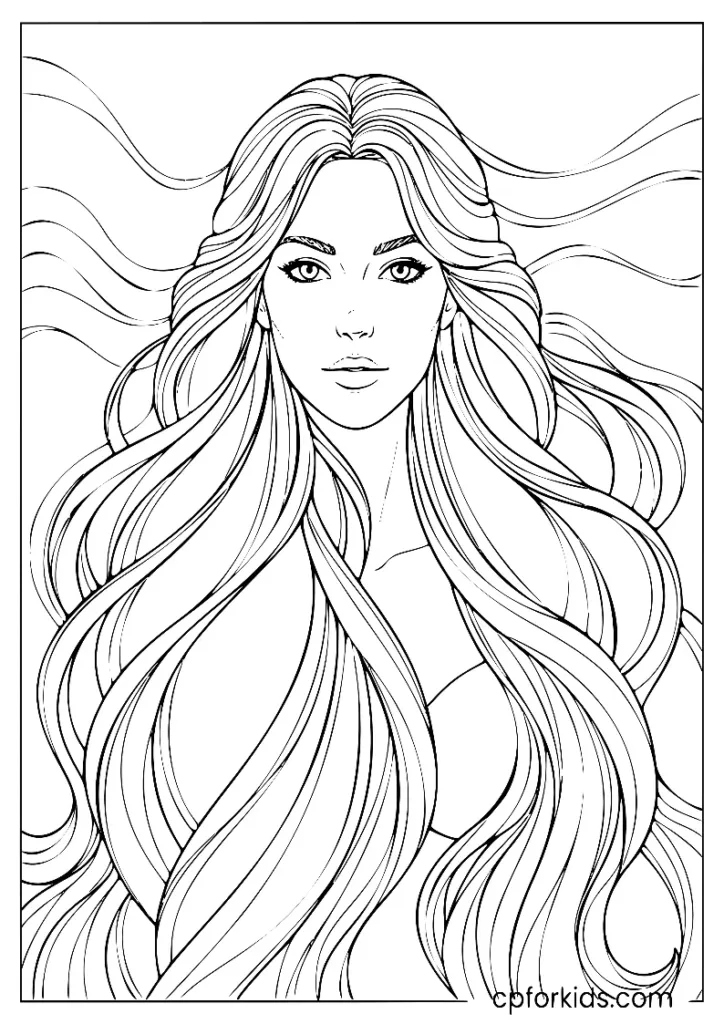 Realistic mermaid portrait coloring page with flowing detailed hair