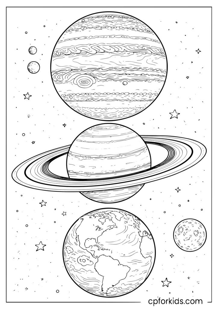 Jupiter Saturn and Earth realistic close-up coloring page