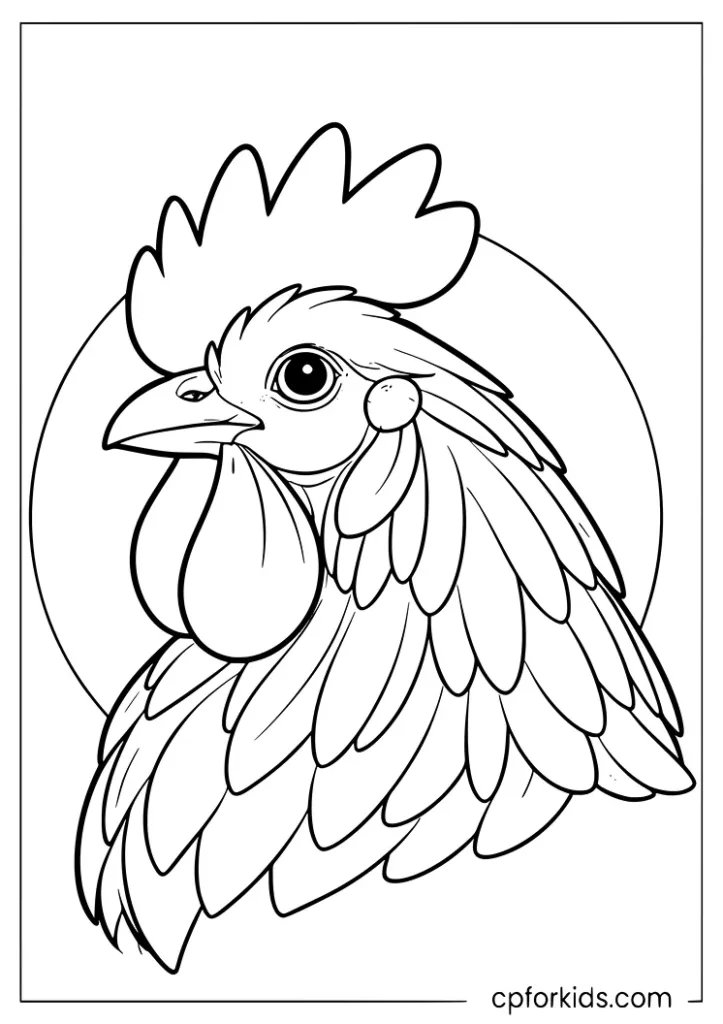 Realistic rooster head with detailed feathers coloring page