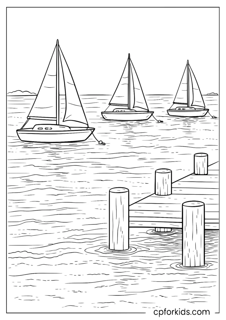 Sailboats in a harbor near shore coloring page