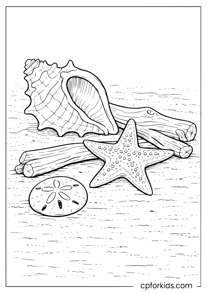 Detailed seashell still life on sand coloring page