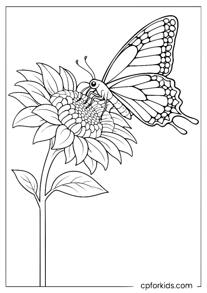 Realistic swallowtail butterfly on sunflower coloring page