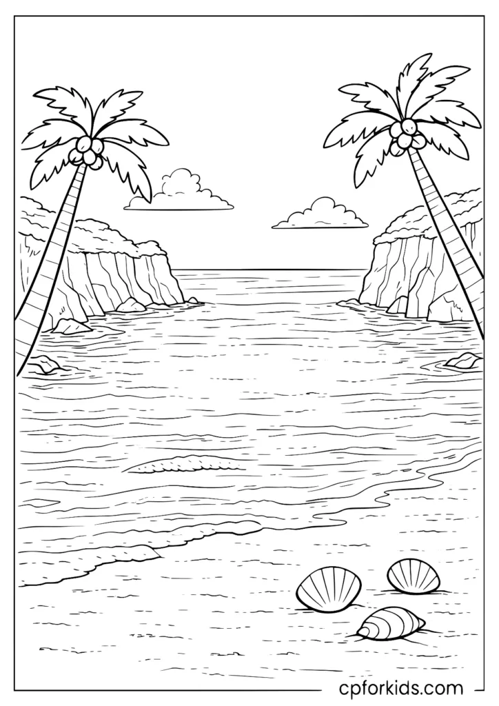 Tropical cove with palms and cliffs coloring sheet