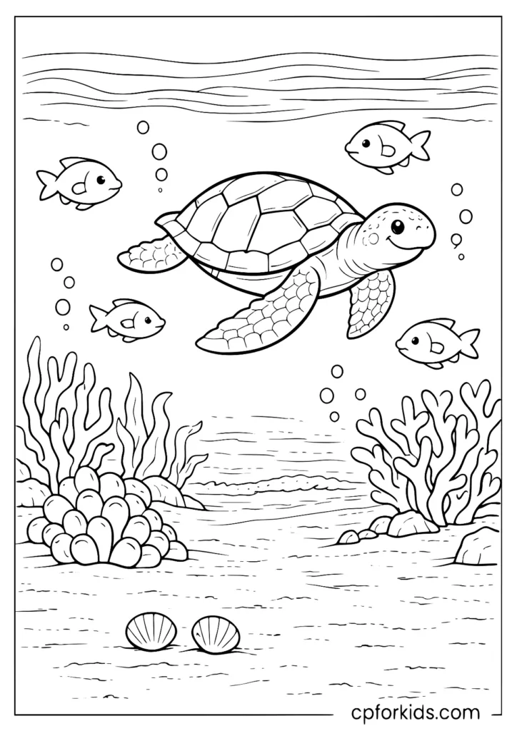 Underwater reef with sea turtle coloring page