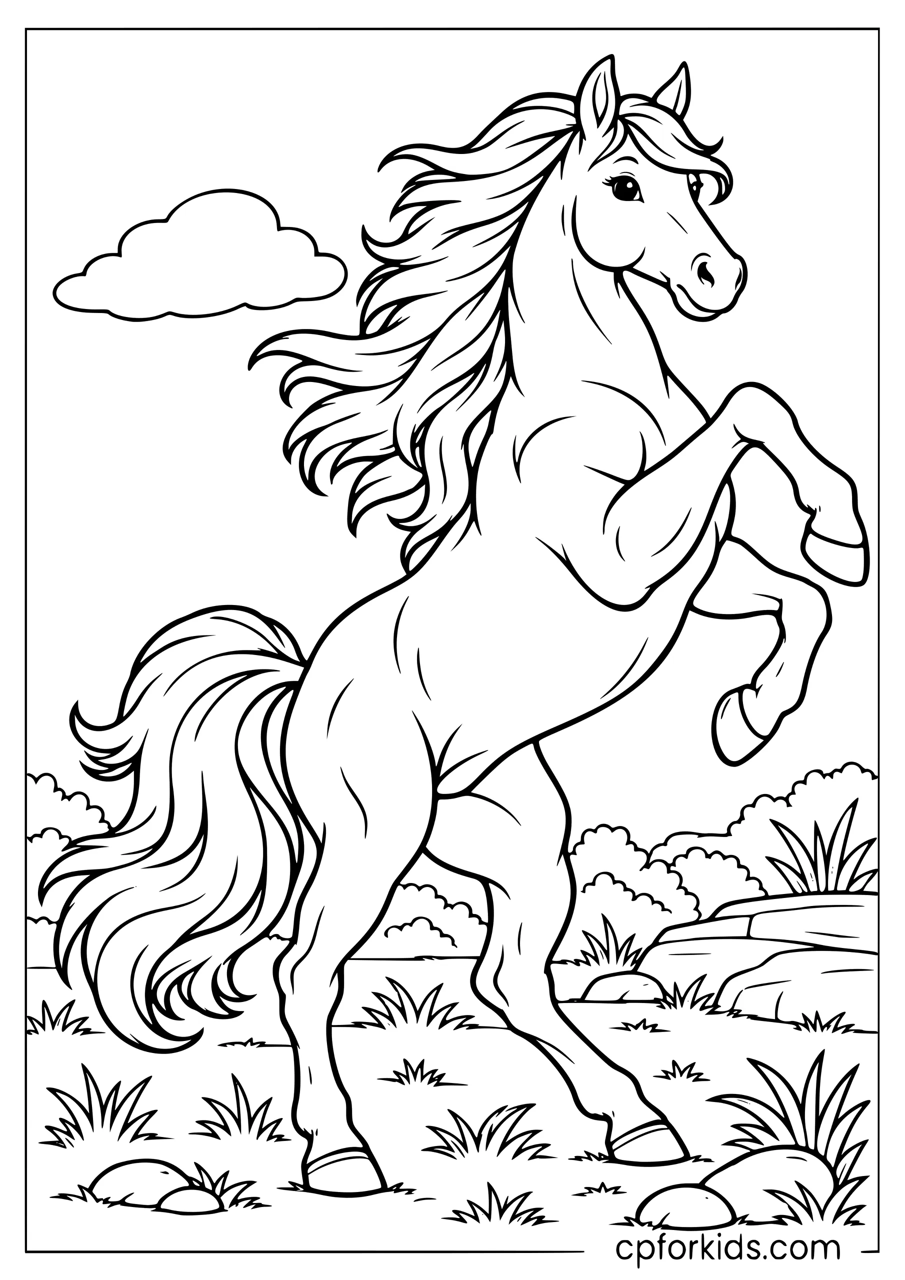 Strong horse rearing beside fence with mane flowing
