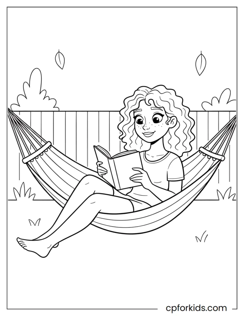 Relaxed curly hair girl reading on a hammock in a backyard coloring page