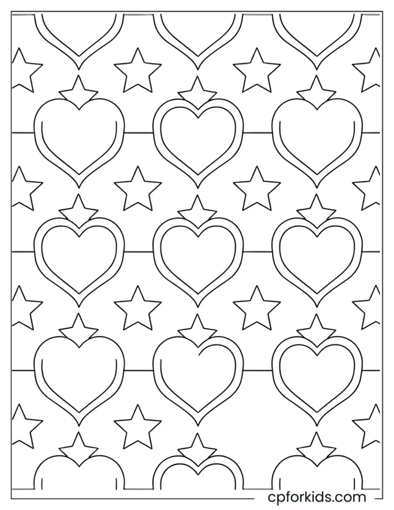 Relaxing Simple Pattern Coloring Pages Relaxing simple pattern coloring page with repeated heart and star shapes designed for calm and easy coloring.