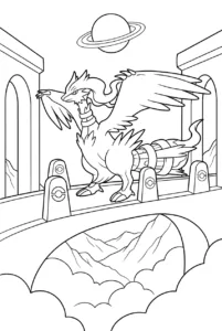 Reshiram walking across a high stone bridge above clouds