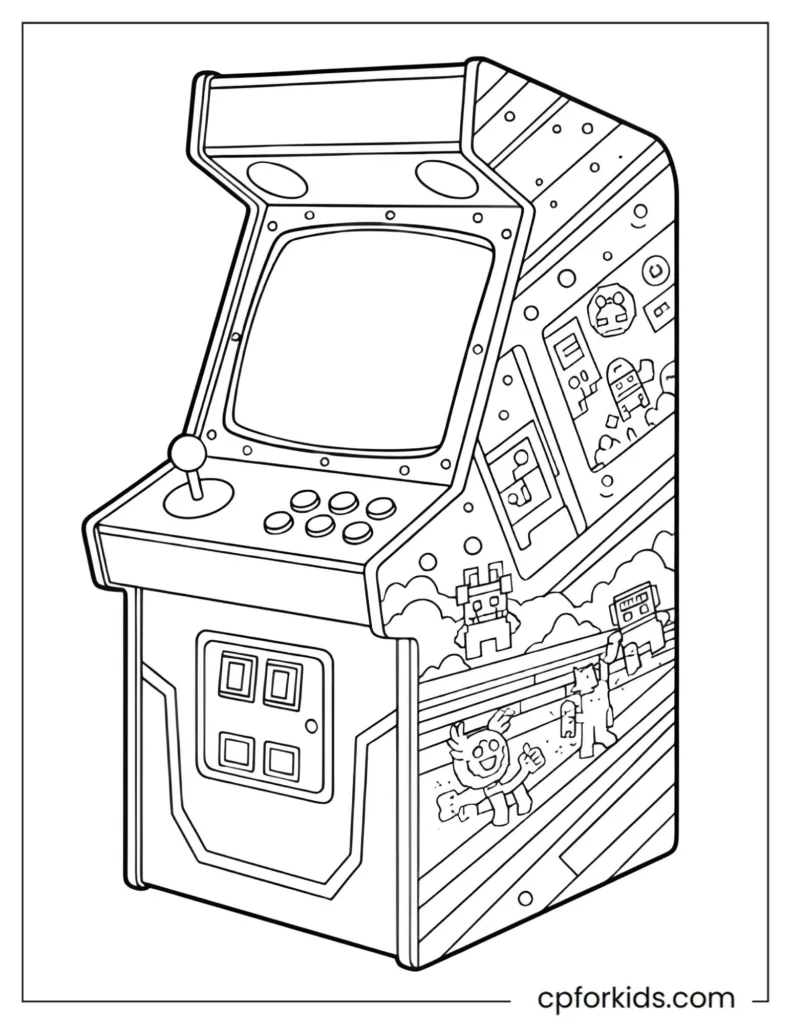 Retro Arcade Machine Coloring Pages Retro arcade machine coloring page, vintage gaming cabinet in black and white line art.