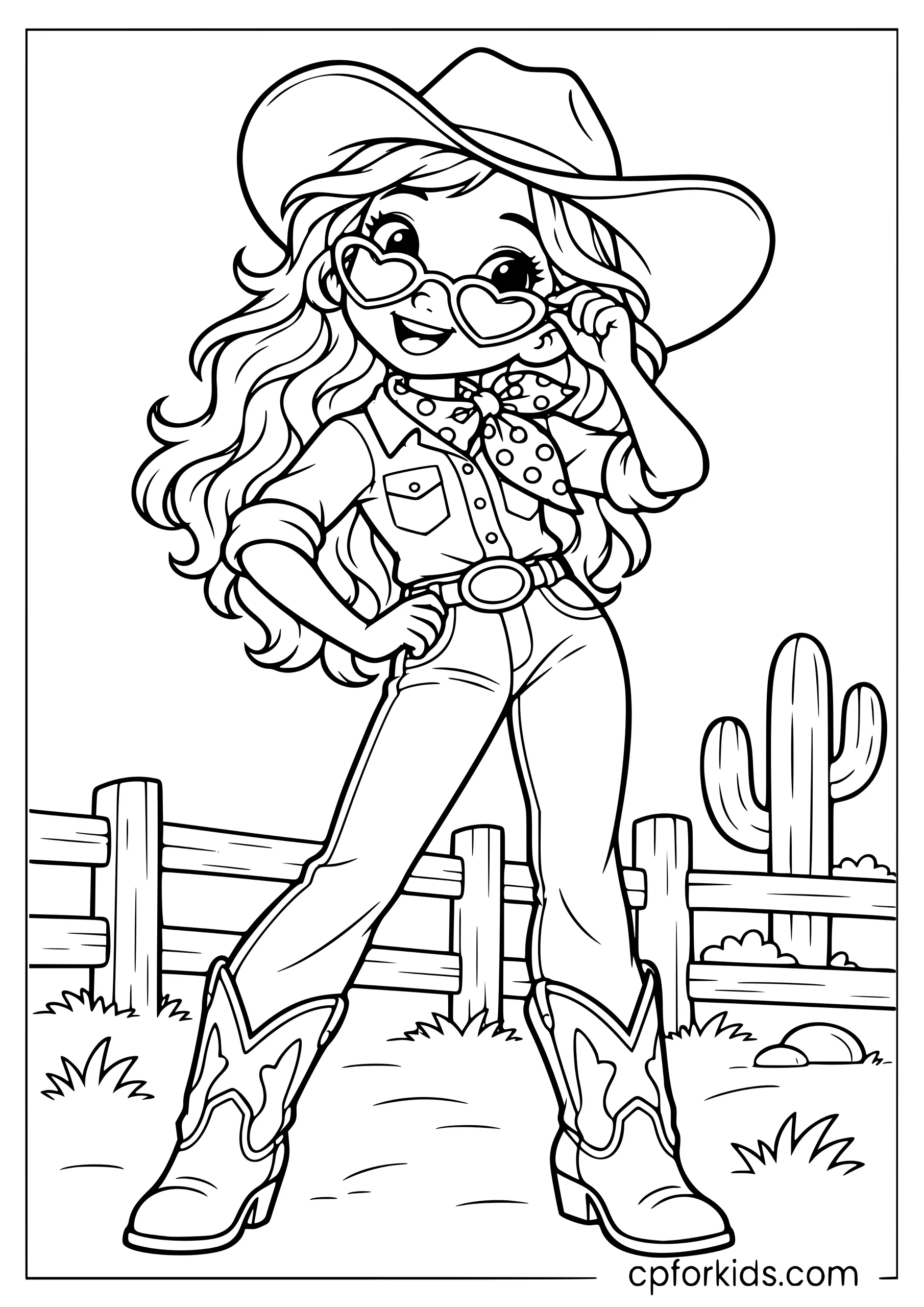 Retro style preppy cowgirl with heart-shaped sunglasses