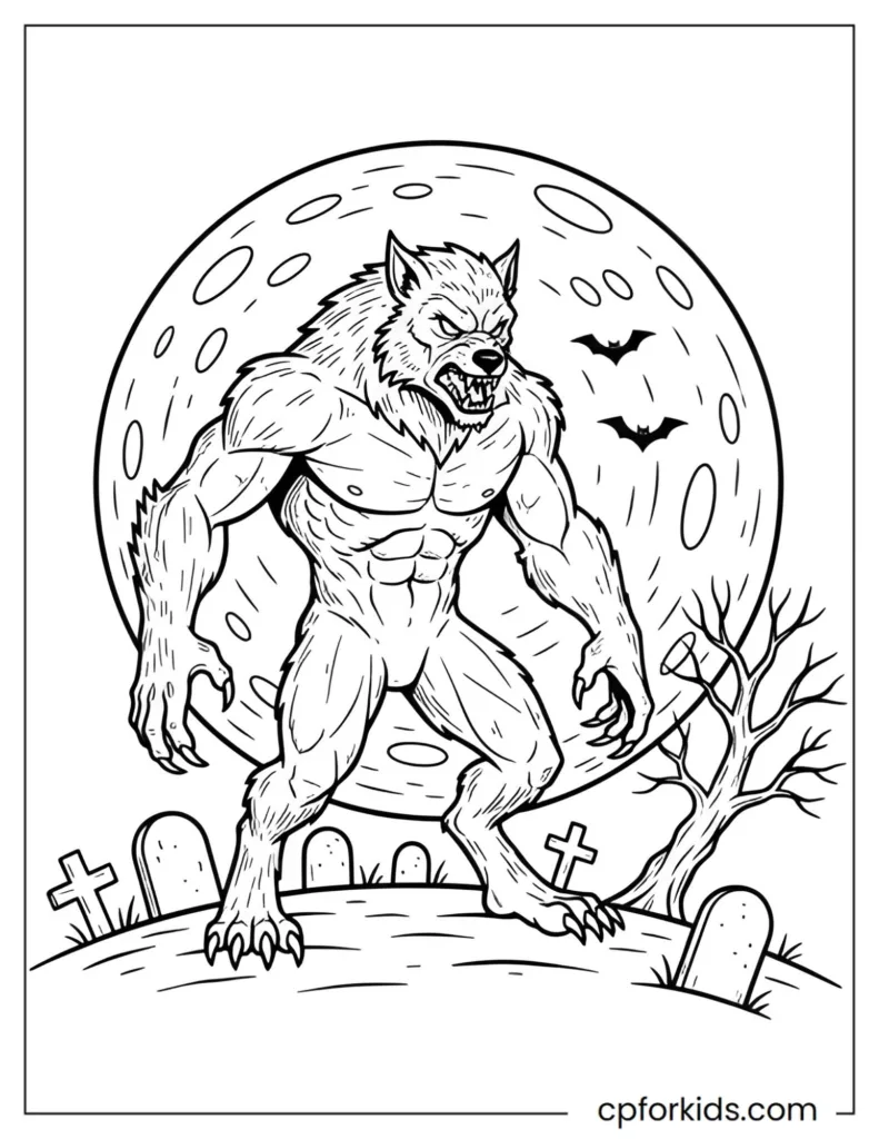 Retro vintage Halloween poster style werewolf, classic horror high contrast line art coloring.